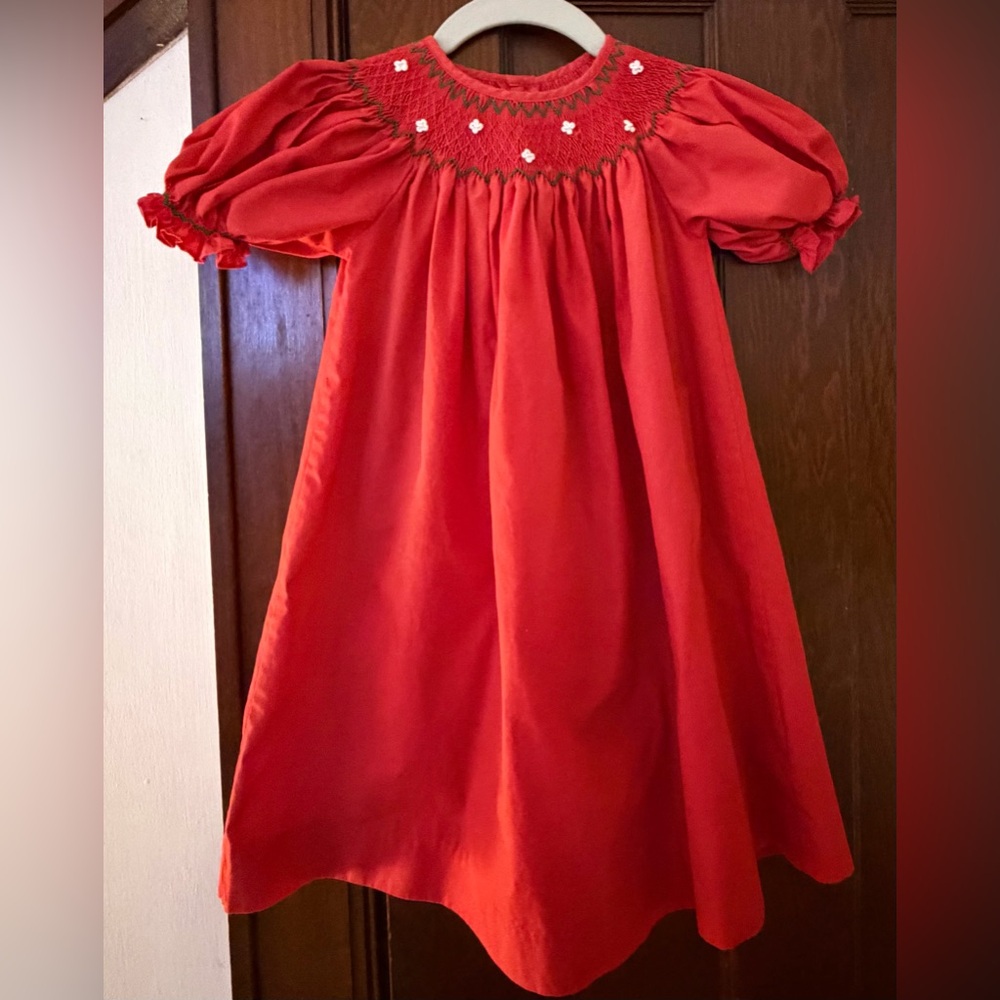 Red Hand Smocked Bishop Dress with Puff Sleeves